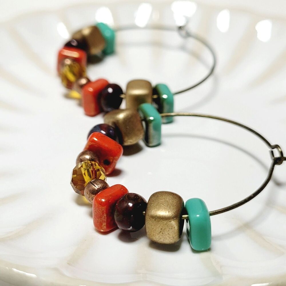 Yellow Crystal Antique Bronze Hoops Hidden Meaning earrings Earthy Bohemia  670■
